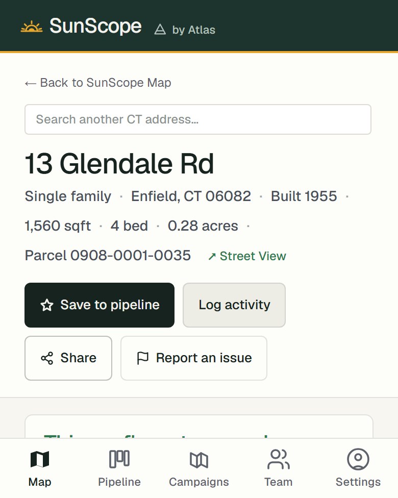 A home's detail screen on a phone: address, size, year built, and buttons to save it, log a visit or share it.