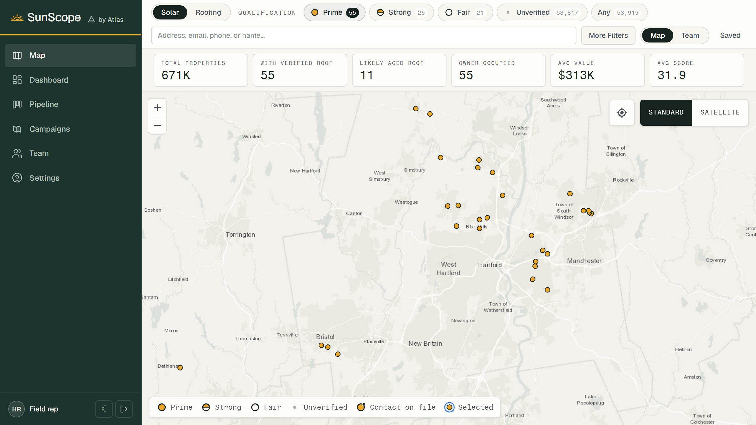 The SunScope map around Hartford, with each Prime home marked by a gold sun identifier.